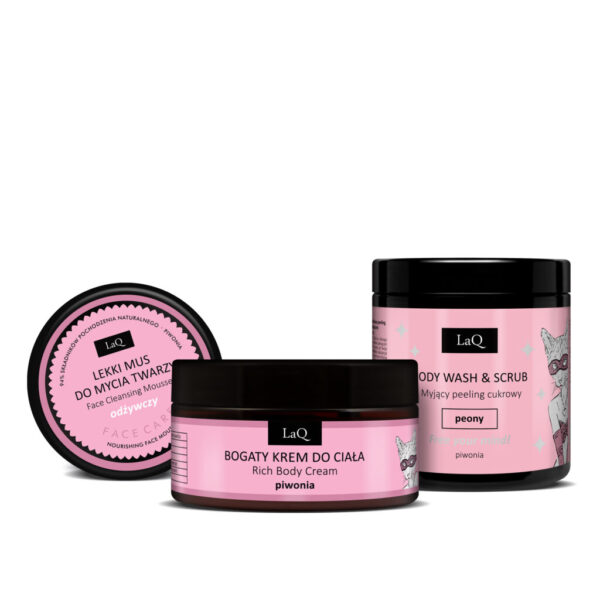 LaQ PEONY dovanų rinkinys: cukrinis kūno šveitiklis 220 g + kūno kremas 200 ml + veido prausimosi putos 40 g