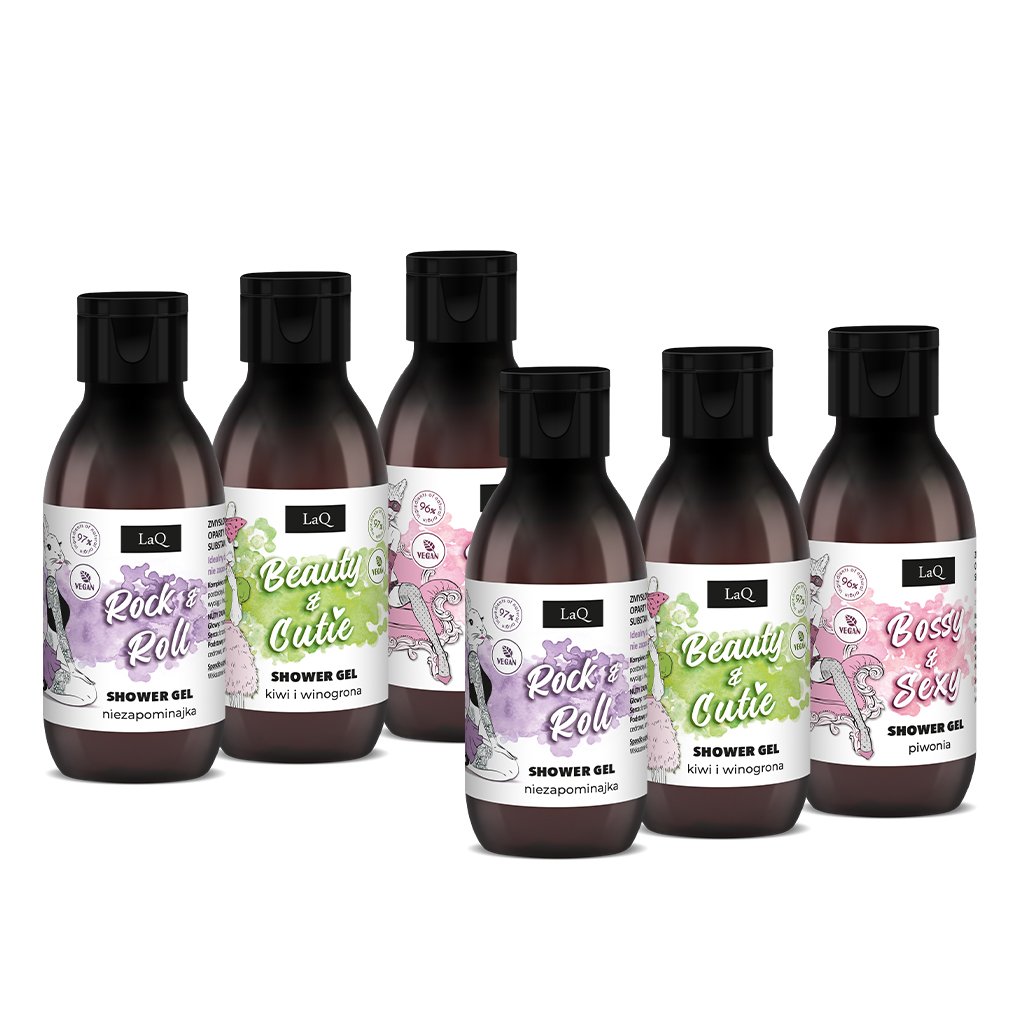 LaQ mini dušo gelių rinkinys moterims – bijūnų, kivių ir vynuogių bei neužmirštuolių, 6 × 100 ml - Image 2
