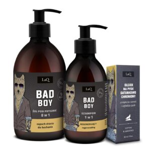 LaQ BAD BOY dovanų rinkinys vyrams – dušo gelis 500 ml, šampūnas 300 ml ir barzdos aliejus 30 ml