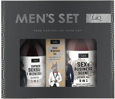 LaQ SEX & BUSINESS dovanų rinkinys: dušo gelis 500 ml + šampūnas 300 ml + veido ir barzdos aliejus 30 ml