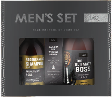 LaQ THE ULTIMATE BOSS dovanų rinkinys: dušo gelis 500 ml + šampūnas 300 ml + veido ir barzdos aliejus 30 ml