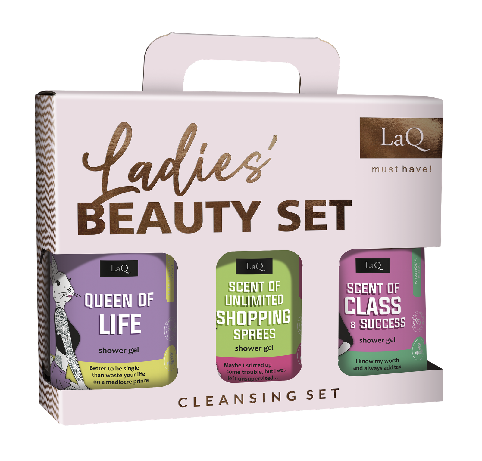 LaQ CLEANSING SET FOR HER dovanų rinkinys: FORGET-ME-NOT + KIWI & GRAPES + MAGNOLIA, 3 x 500 ml
